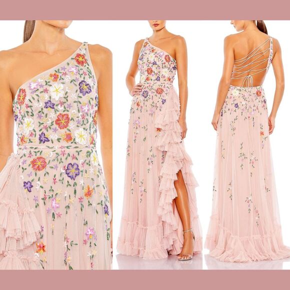 NWT $698‎ Mac Duggal [ 16 ] 9164 Embellished One Shoulder Asymmetric Gown Pink - Picture 1 of 15